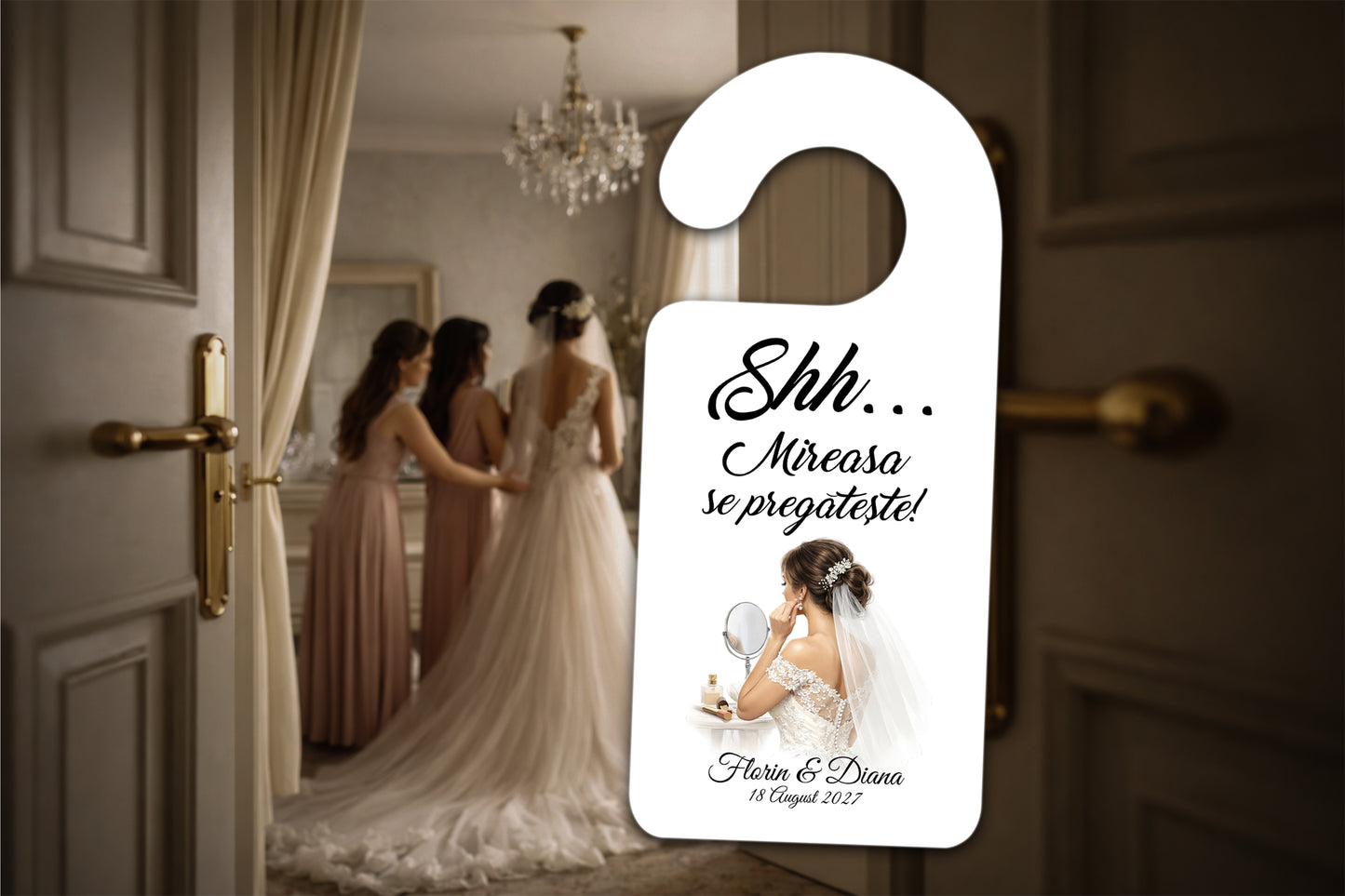 Agățătoare ușă nuntă „Shh… Mireasa se pregătește” – model elegant personalizat