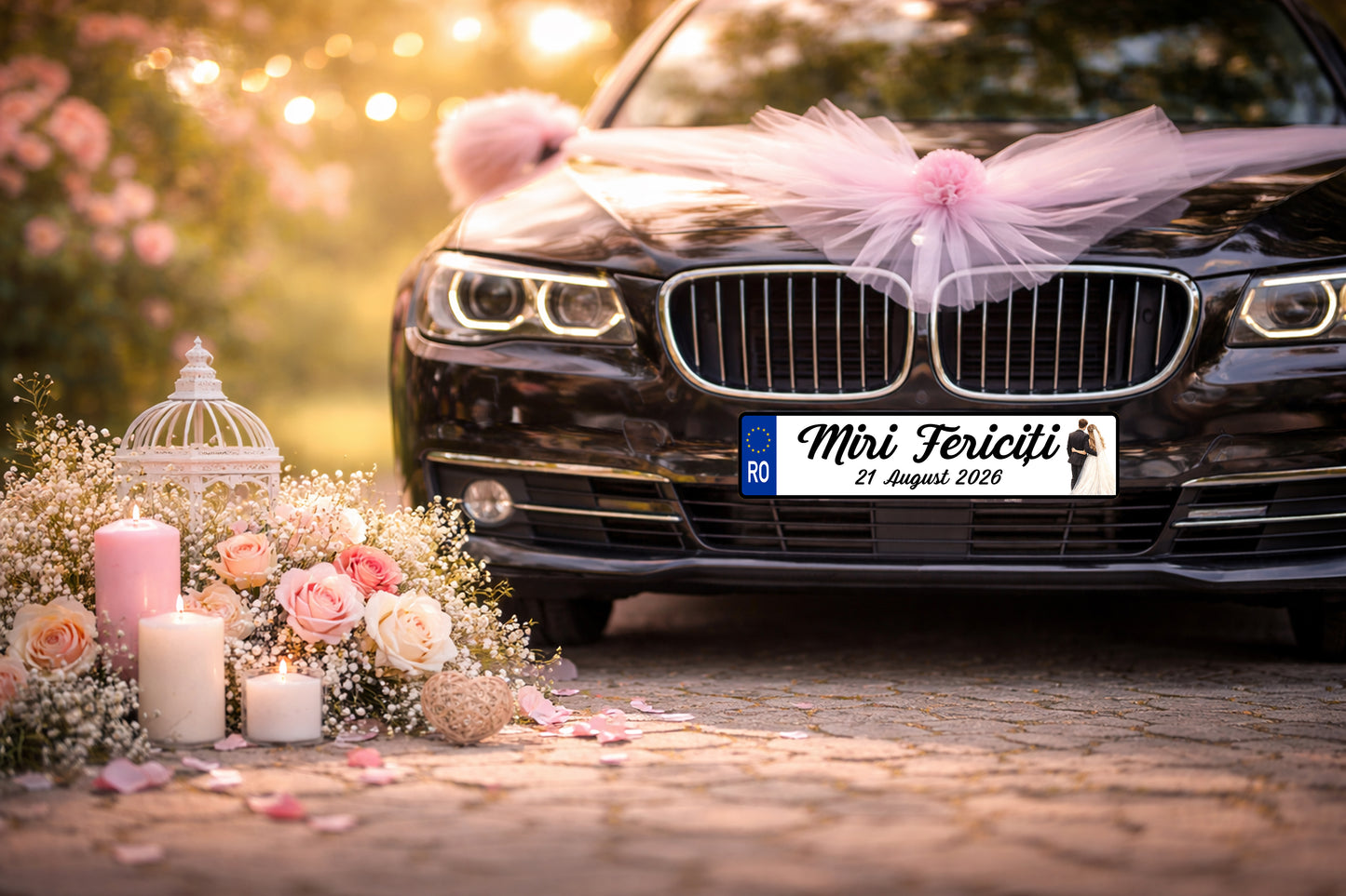 Plăcuță număr înmatriculare nuntă „Miri fericiti” personalizată – model elegant