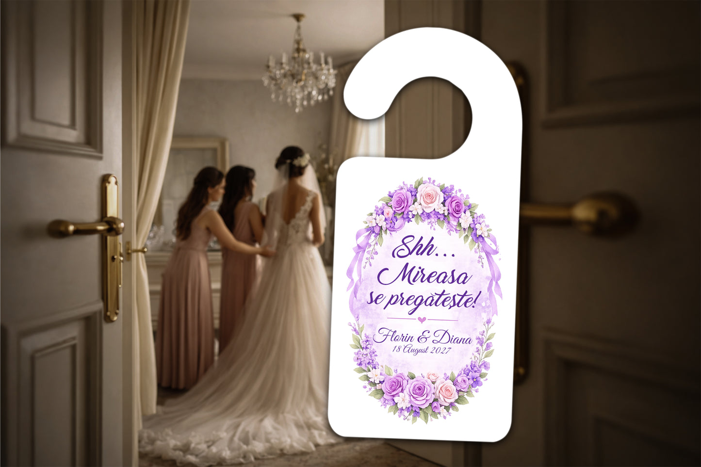 Agățătoare ușă nuntă florală mov „Shh… Mireasa se pregătește” personalizată