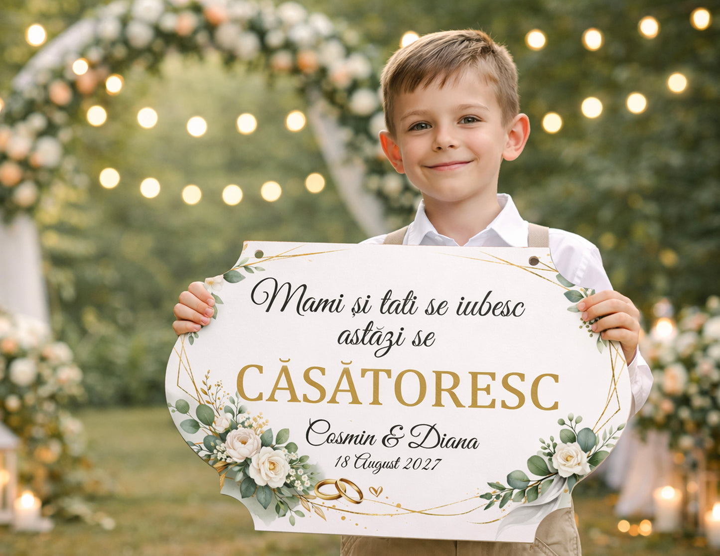 Plăcuță nuntă copii „Mami și tati se căsătoresc” personalizată – model elegant floral