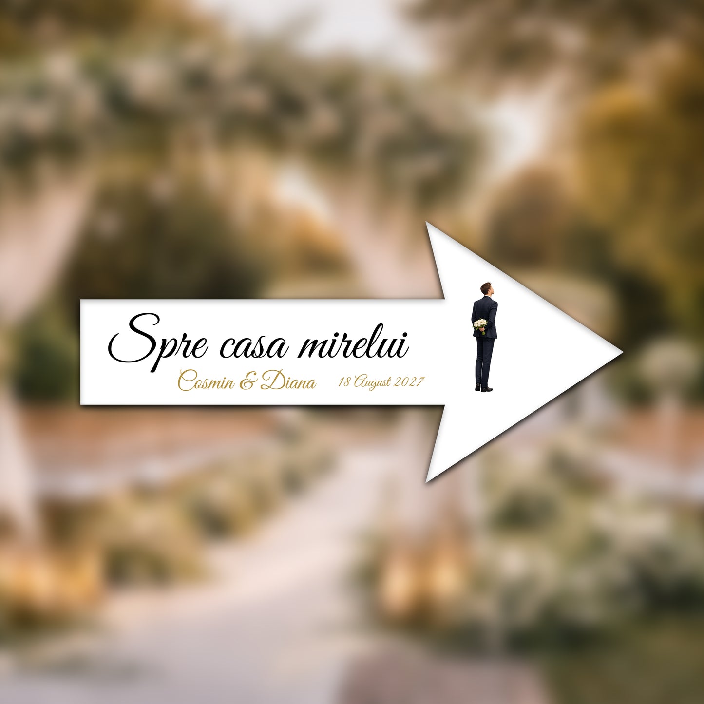 Săgeată nuntă personalizată „Spre casa mirelui” – model elegant