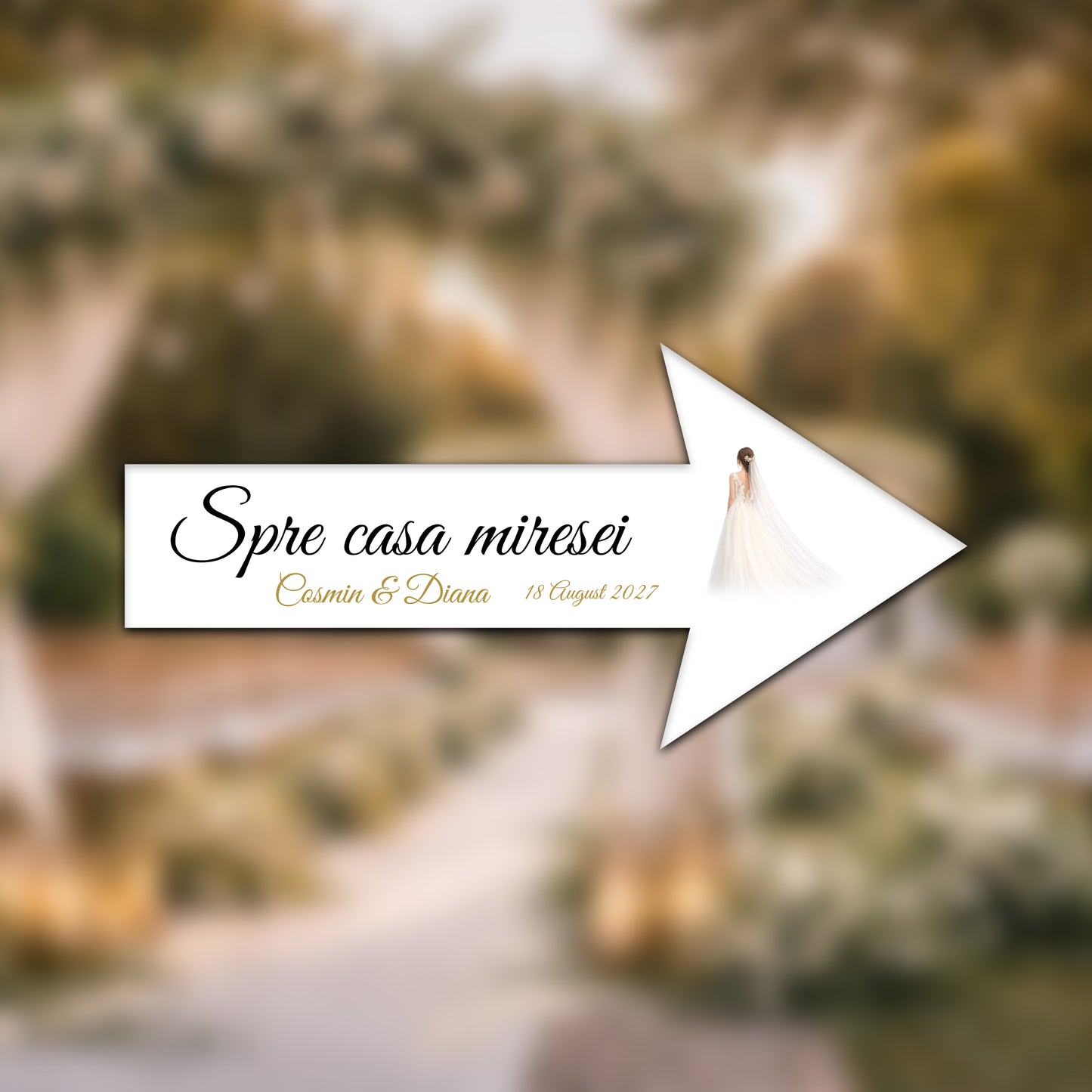 Săgeată nuntă personalizată „Spre casa miresei” – model elegant