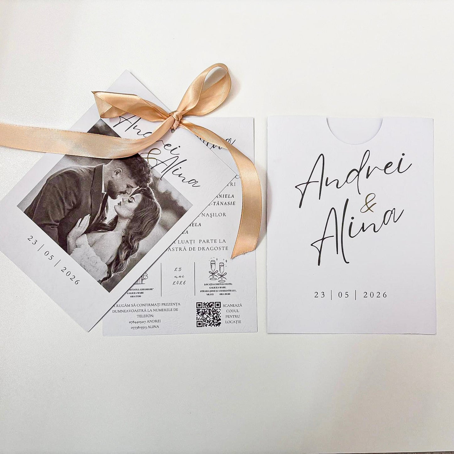 Invitații Handmade Nuntă cu Poză și Fundiță Satinată | Plic Personalizat | Design Elegant