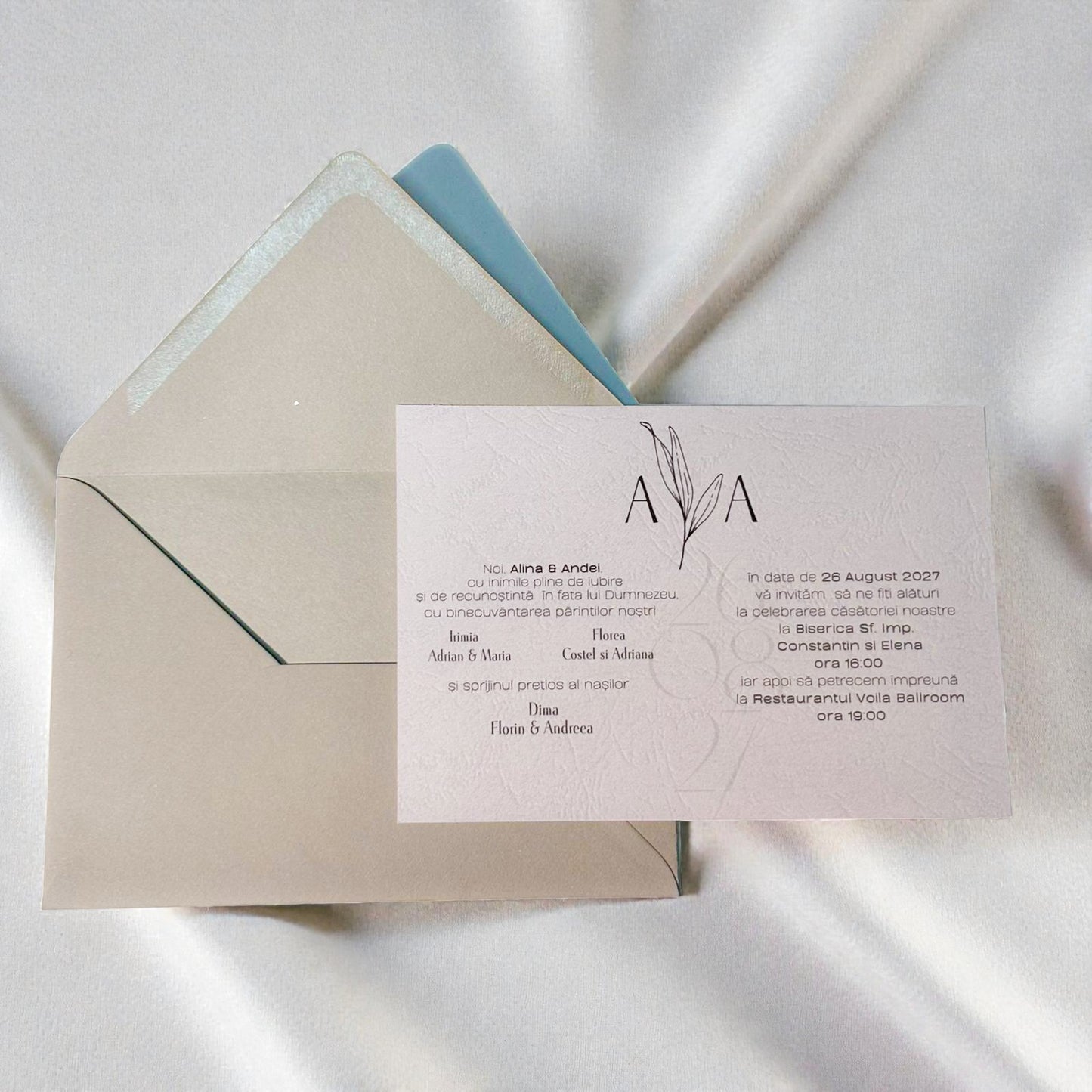 Invitație nuntă elegantă minimalistă cu plic ivory