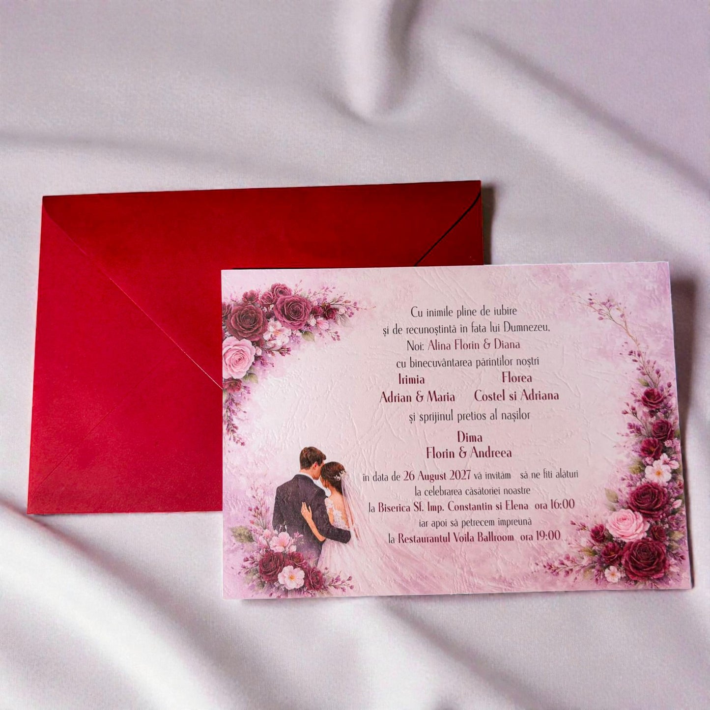 Invitație nuntă florală cu fotografie și plic colorat elegant