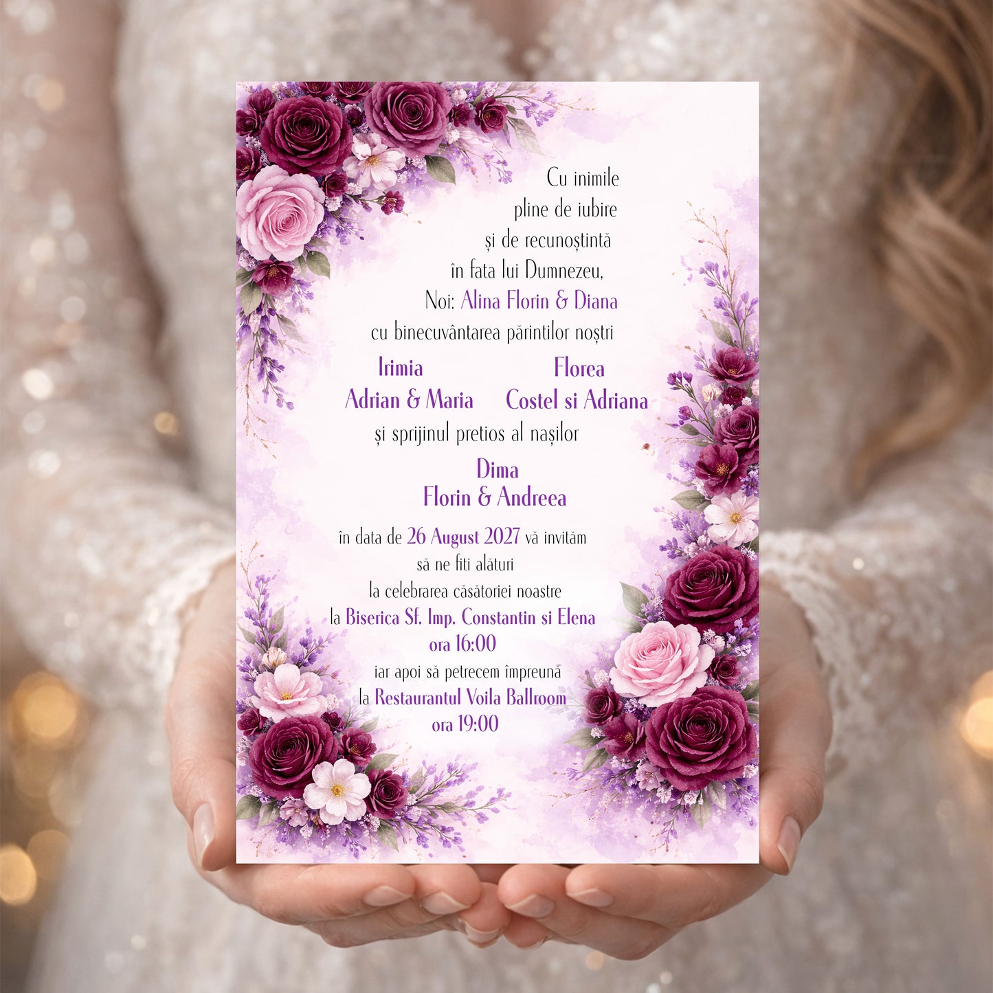 Invitație digitală Nuntă Romantică Mov cu Ilustrație Cuplu – Model Floral Elegant
