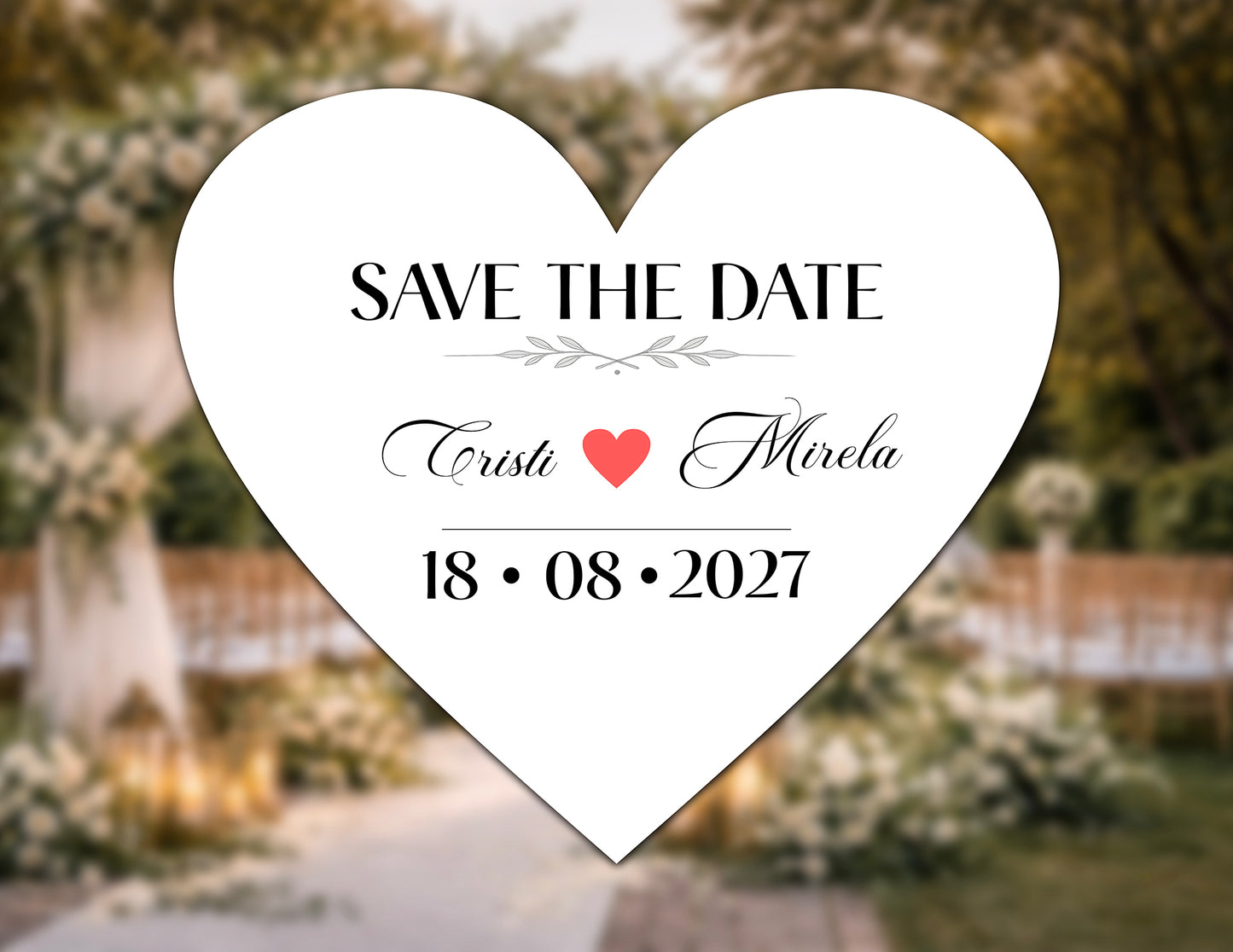 Plăcuță „Save the Date” inimă personalizată – model elegant nuntă