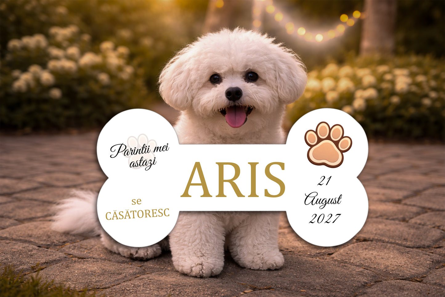 Plăcuță nuntă pentru cățel „Părinții mei se căsătoresc” personalizată – model adorabil