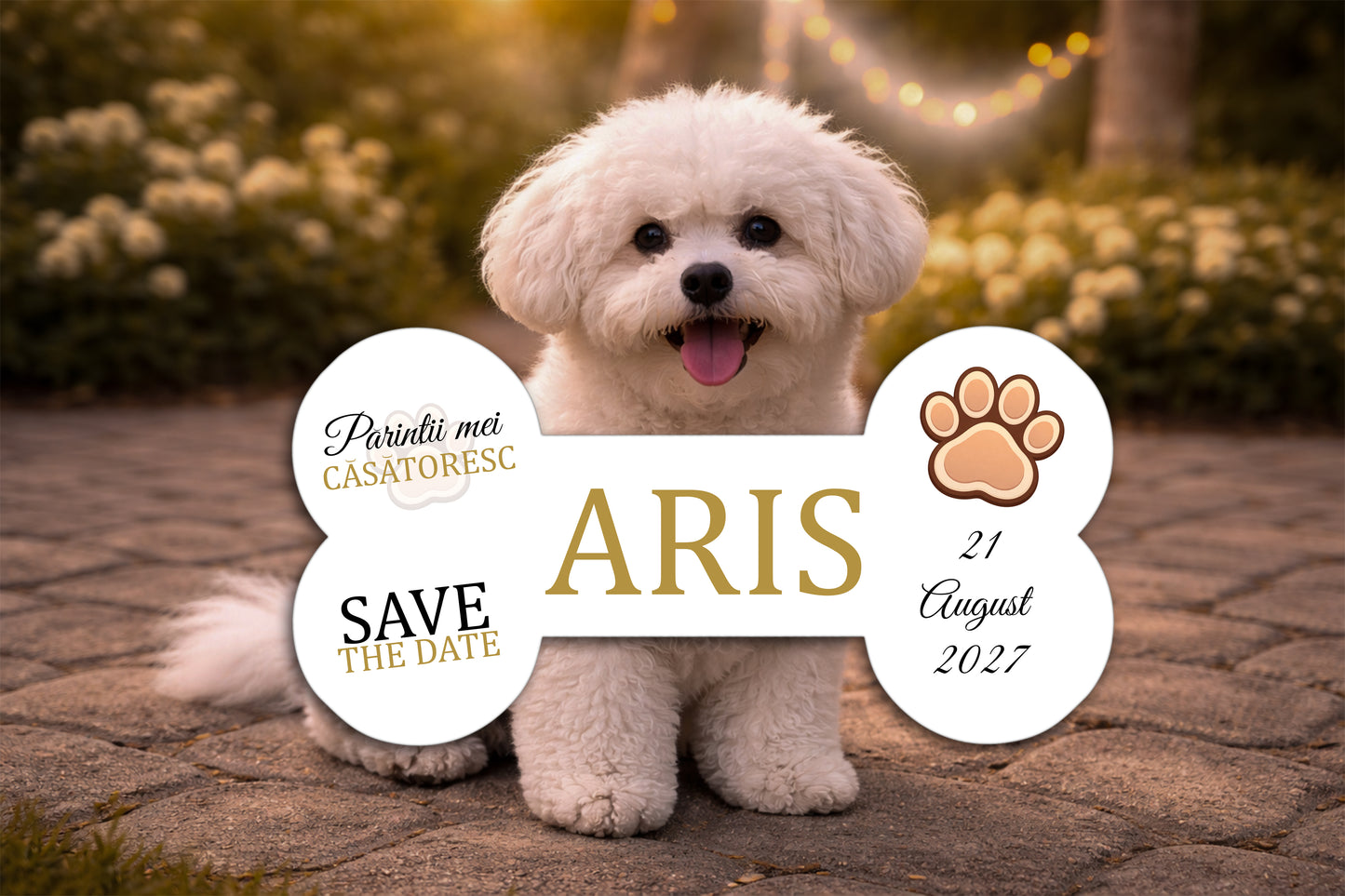 Plăcuță nuntă pentru cățel „Save the Date” personalizată – model adorabil