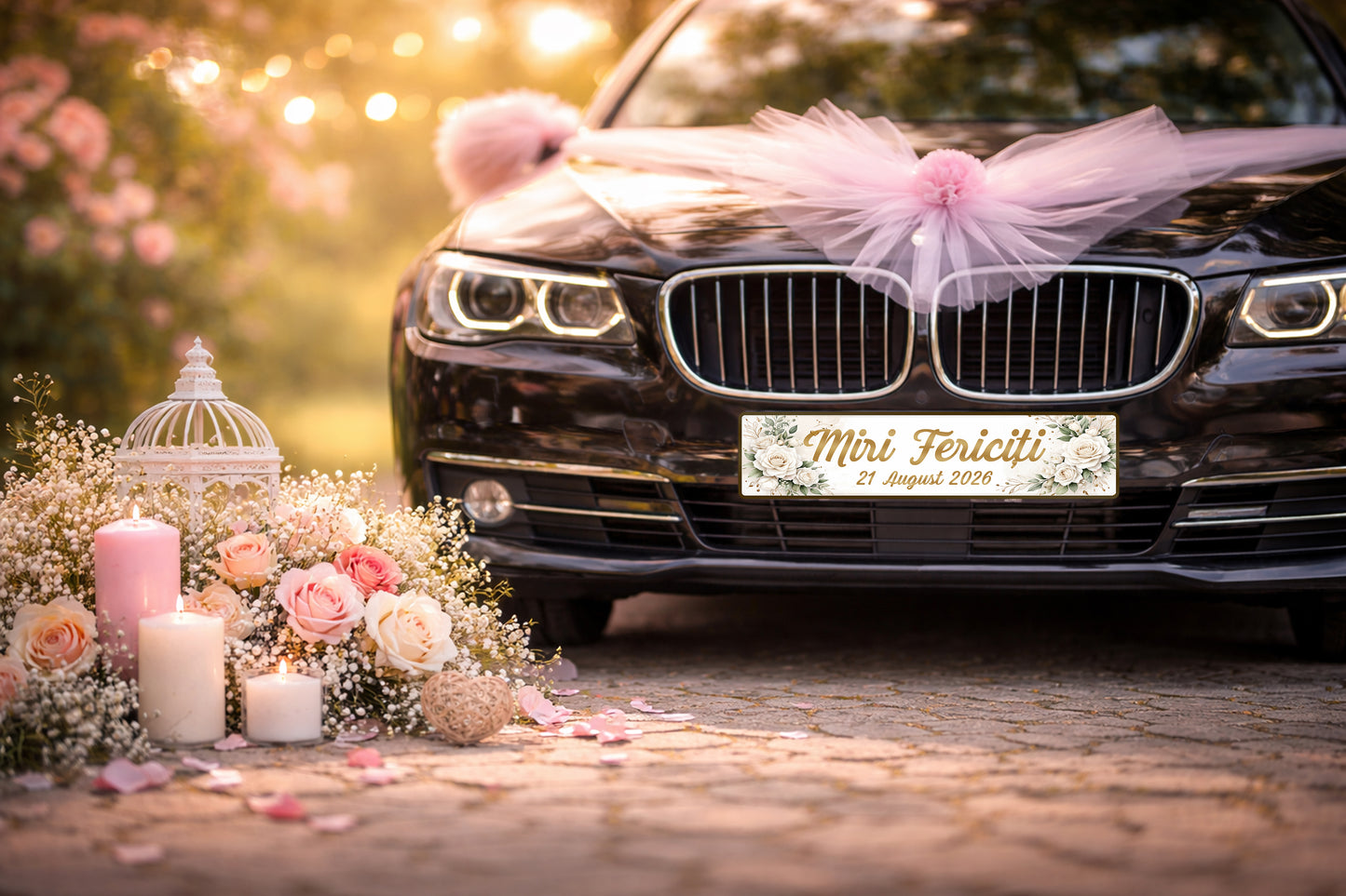 Plăcuță auto nuntă „Miri Fericiți” – model floral elegant auriu personalizat