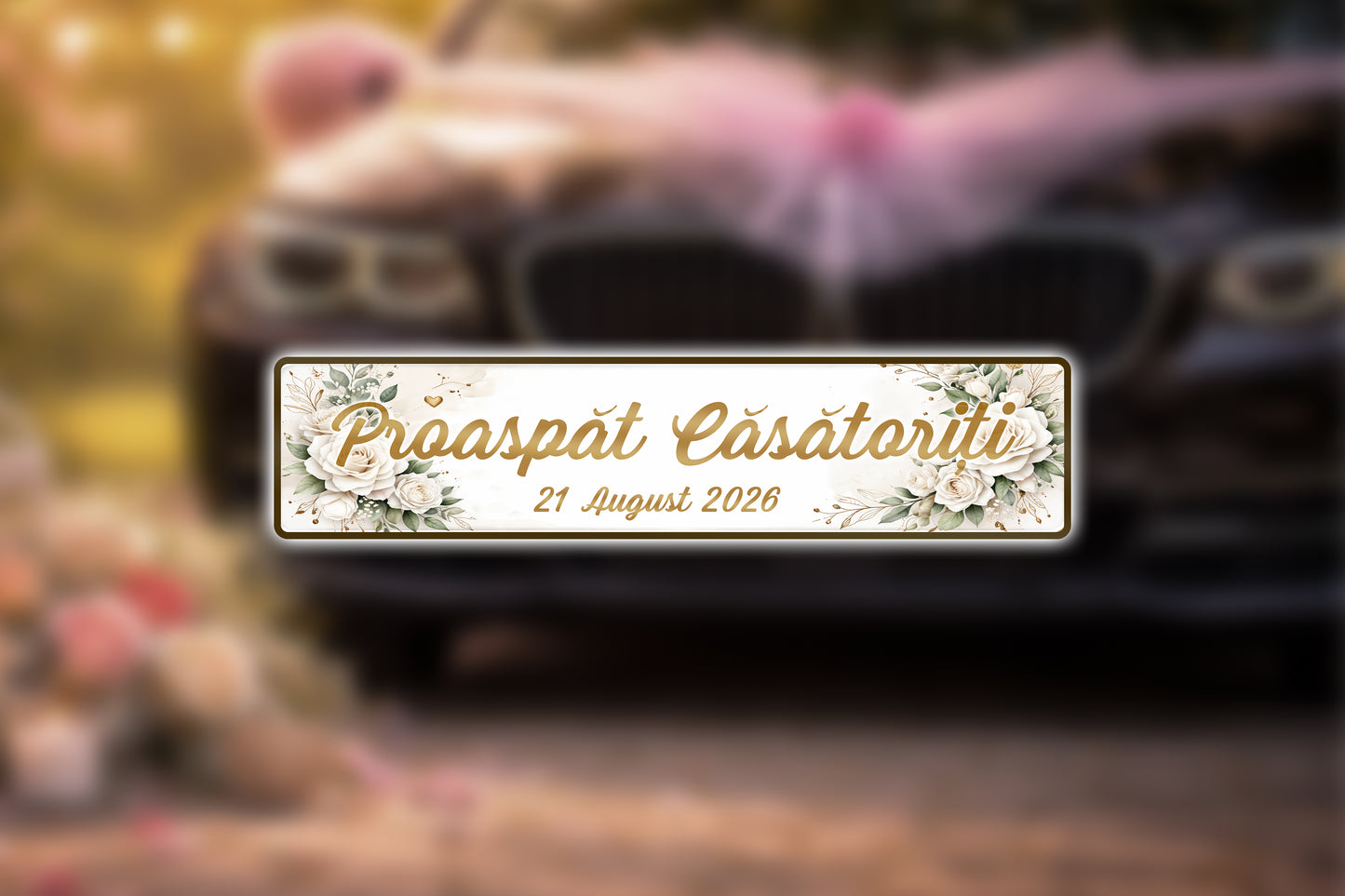 Plăcuță auto nuntă personalizată „Proaspăt Căsătoriți” – model romantic premium