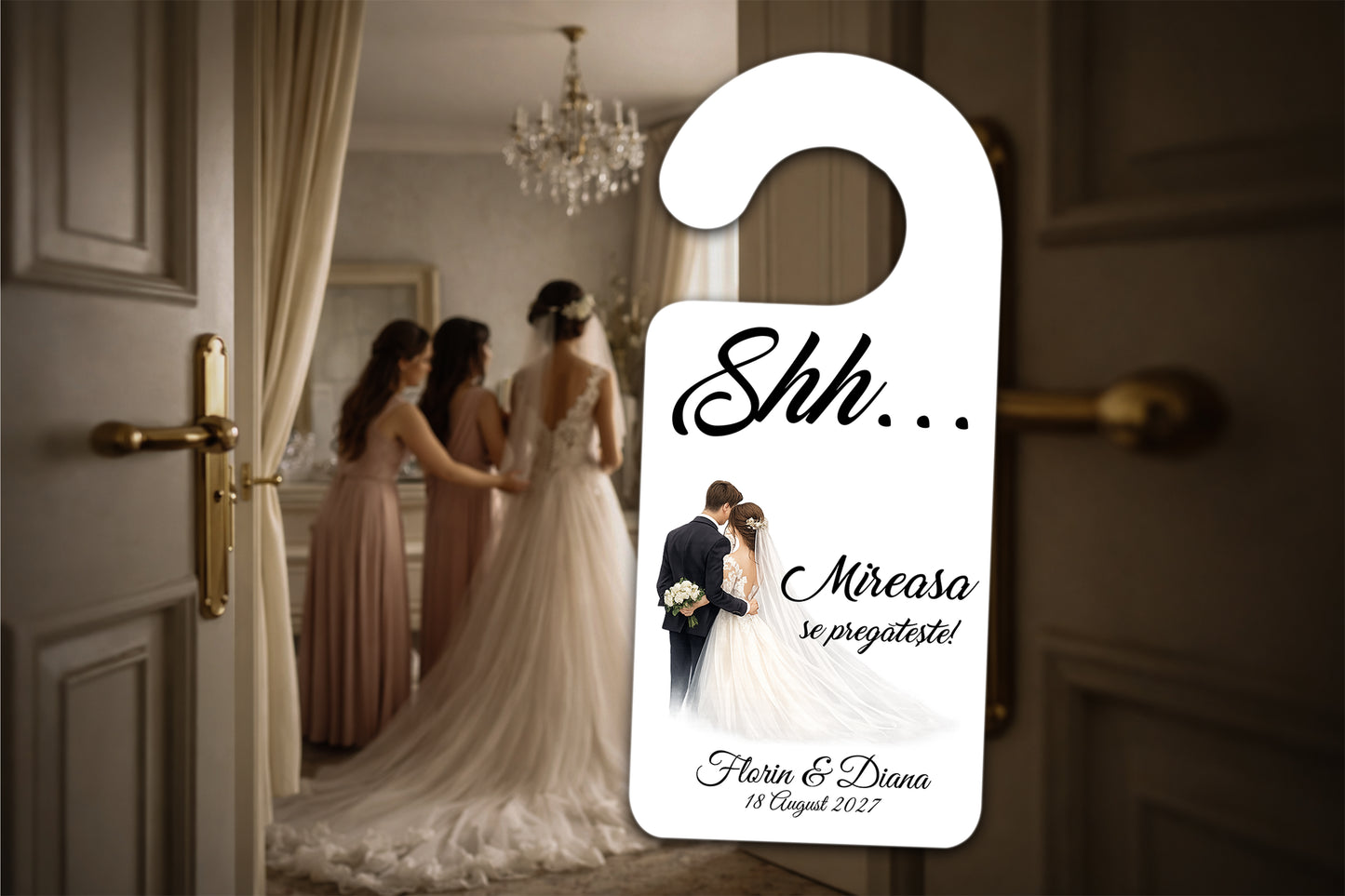 Set 2x agățătoare ușă nuntă „Shh… Mirele & Mireasa se pregătesc” – model elegant personalizat