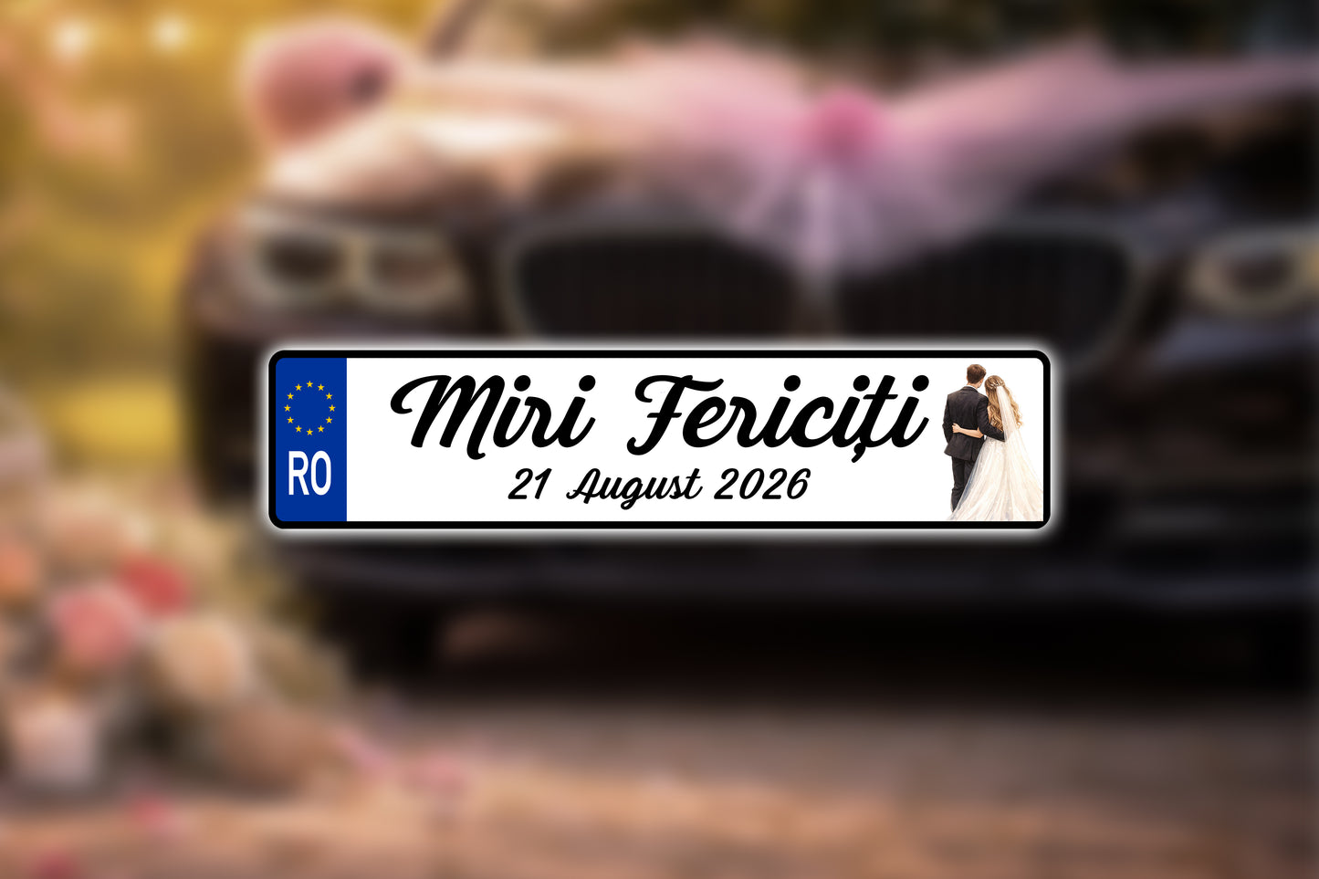 Plăcuță număr înmatriculare nuntă „Miri fericiti” personalizată – model elegant
