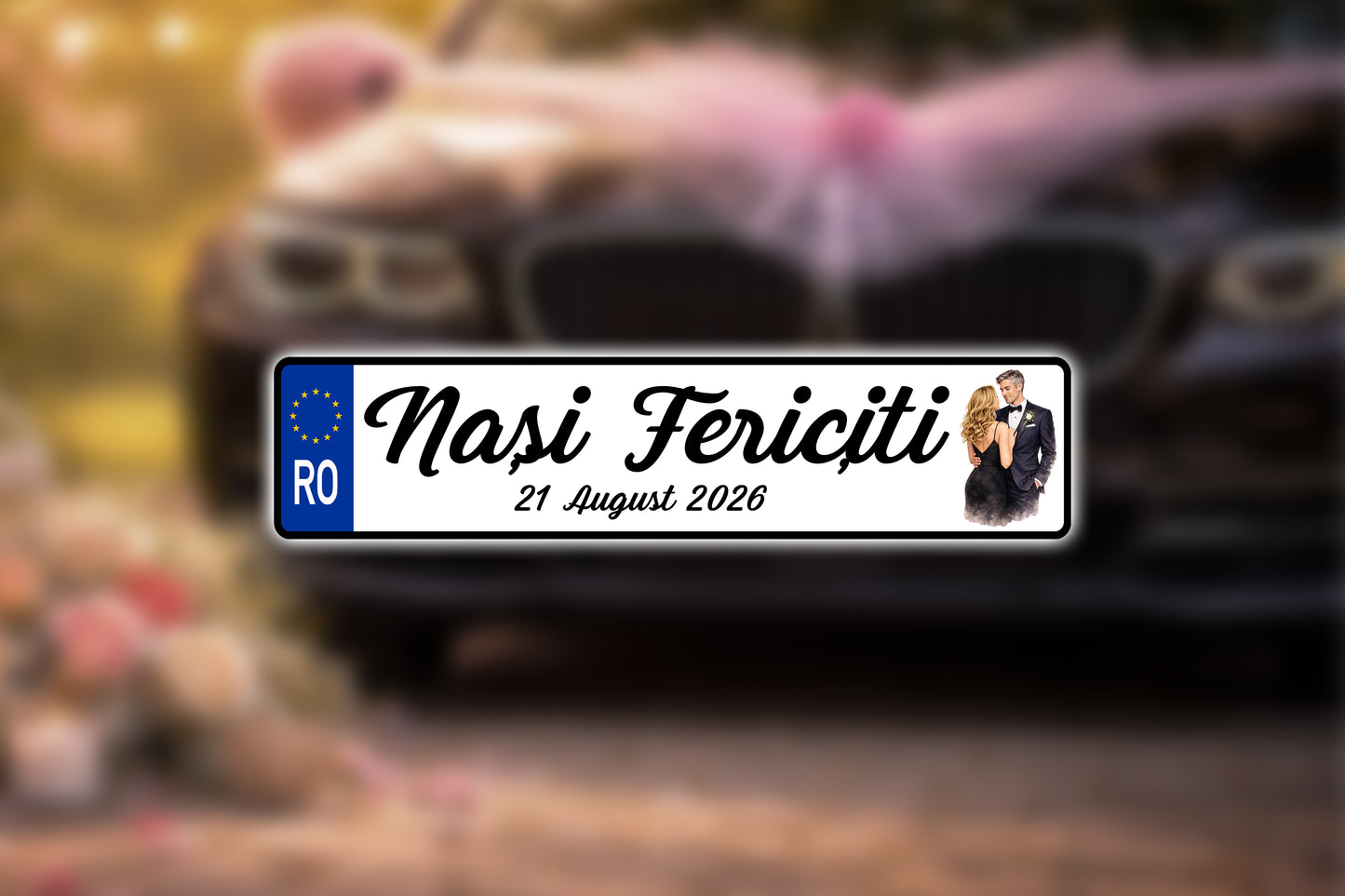 Plăcuță număr înmatriculare nuntă „Nasi Fericiti” personalizată – model elegant