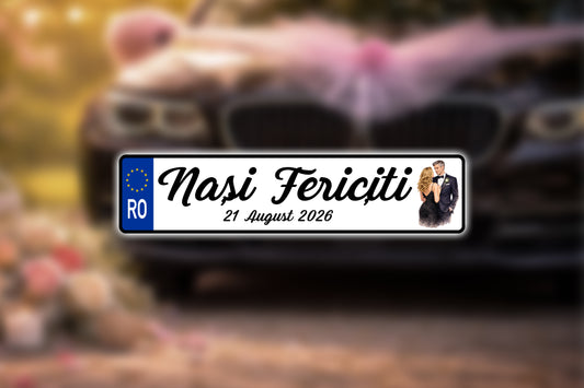 Plăcuță număr înmatriculare nuntă „Nasi Fericiti” personalizată – model elegant