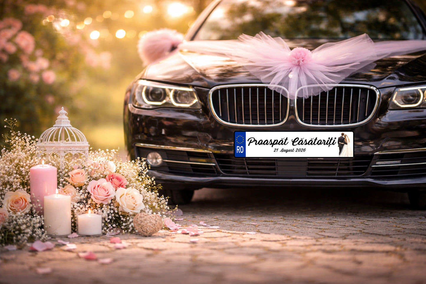 Plăcuță număr înmatriculare nuntă „Proaspăt Căsătoriți” personalizată – model elegant