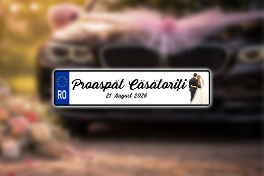 Plăcuță număr înmatriculare nuntă „Proaspăt Căsătoriți” personalizată – model elegant