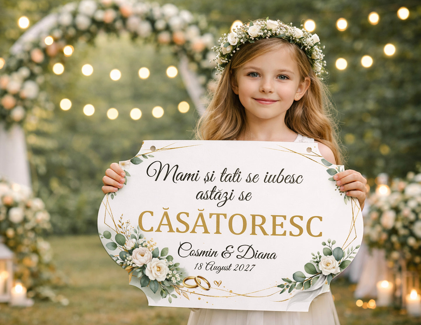 Plăcuță nuntă copii „Mami și tati se căsătoresc” personalizată – model elegant floral