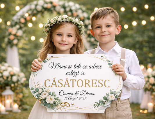 Plăcuță nuntă copii „Mami și tati se căsătoresc” personalizată – model elegant floral