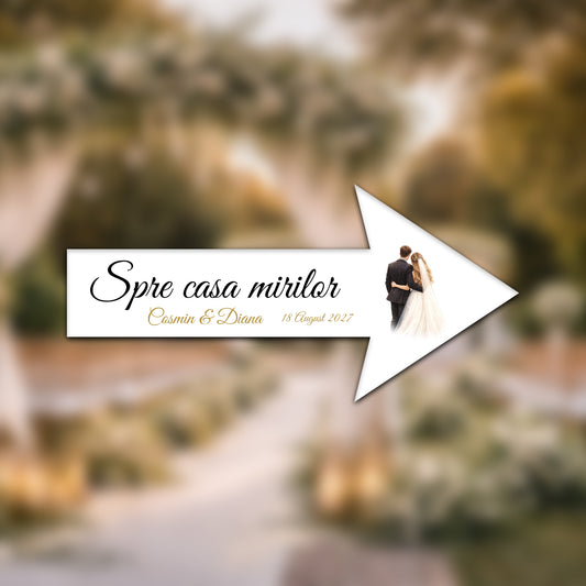 Săgeată nuntă personalizată „Spre casa mirilor” – model elegant
