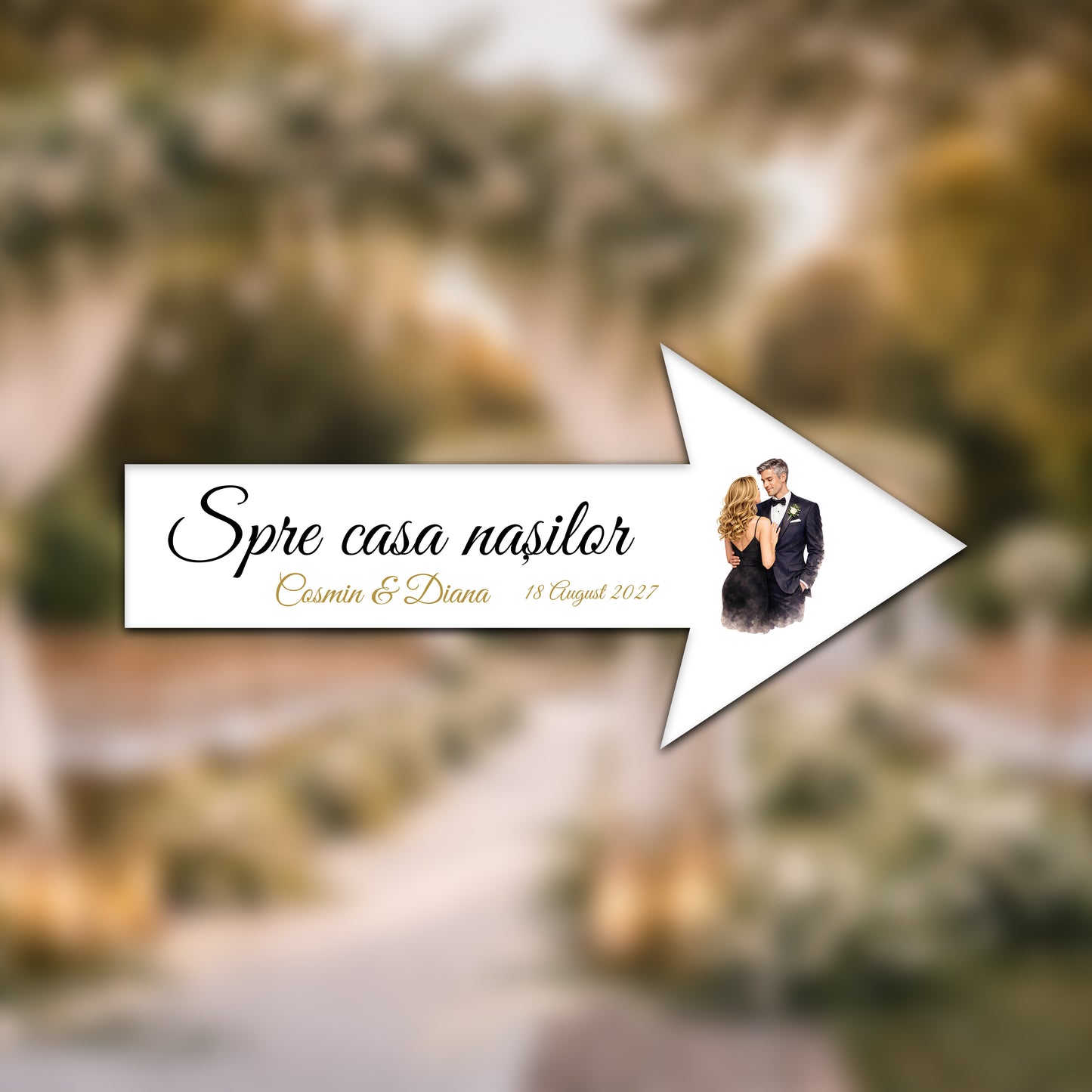 Săgeată nuntă personalizată „Spre casa masilor” – model elegant