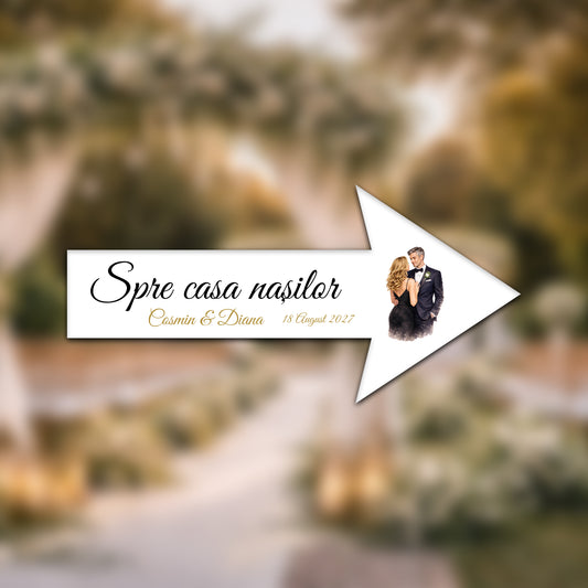 Săgeată nuntă personalizată „Spre casa masilor” – model elegant