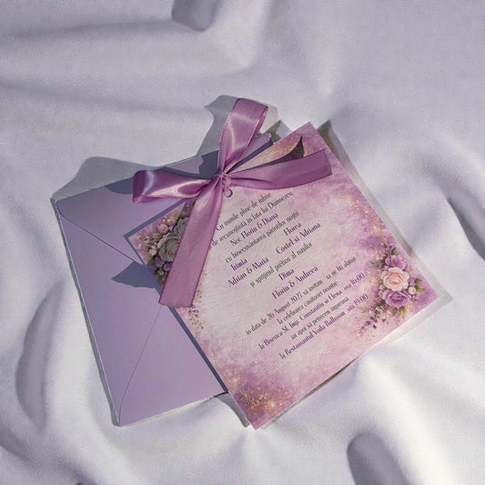 Invitație nuntă mov elegantă cu fundiță satin și plic premium