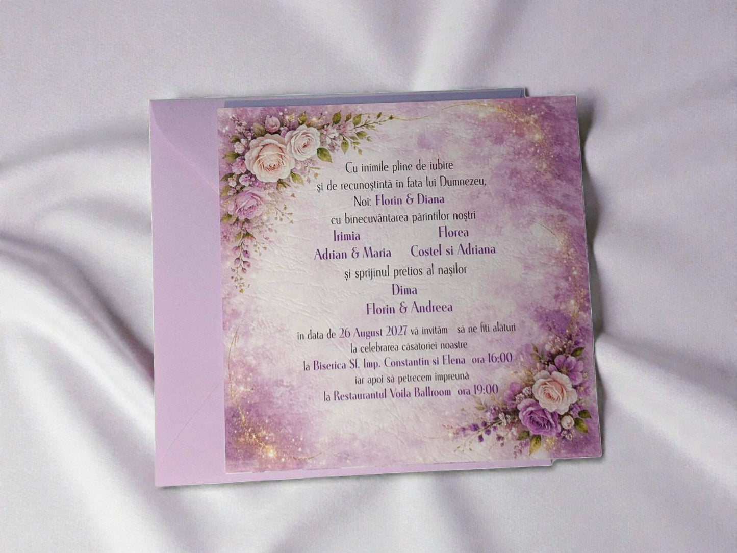 Invitație nuntă florală mov pastel elegantă cu design romantic