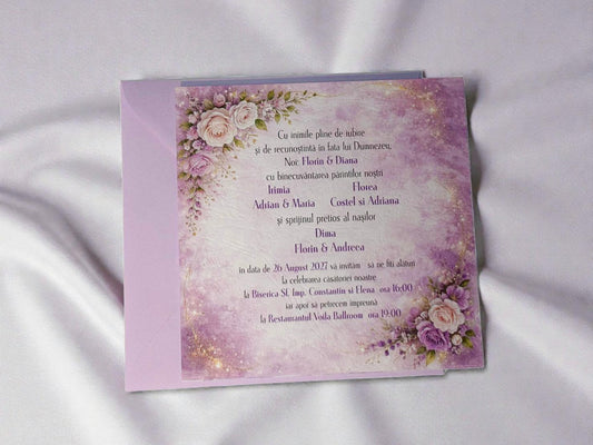 Invitație nuntă florală mov pastel elegantă cu design romantic