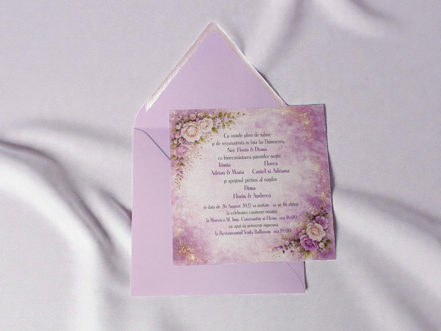 Invitație nuntă florală mov pastel elegantă cu design romantic