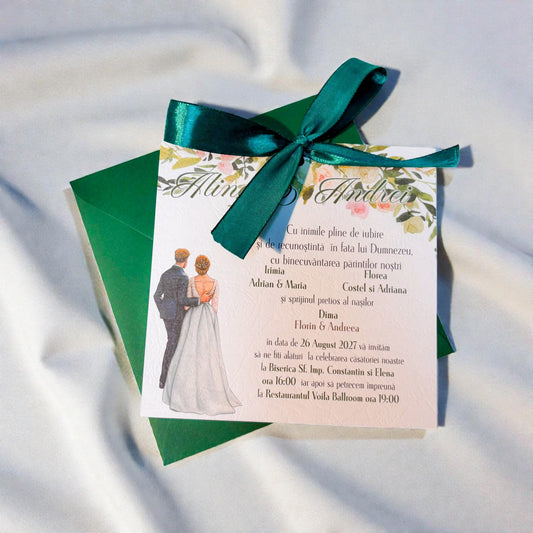 Invitație nuntă elegantă cu mire și mireasă, fundiță verde și design floral