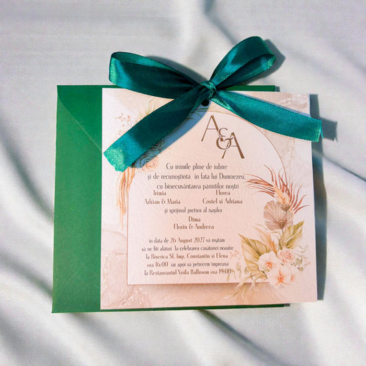 Invitație nuntă elegantă crem florală cu fundiță verde și plic asortat