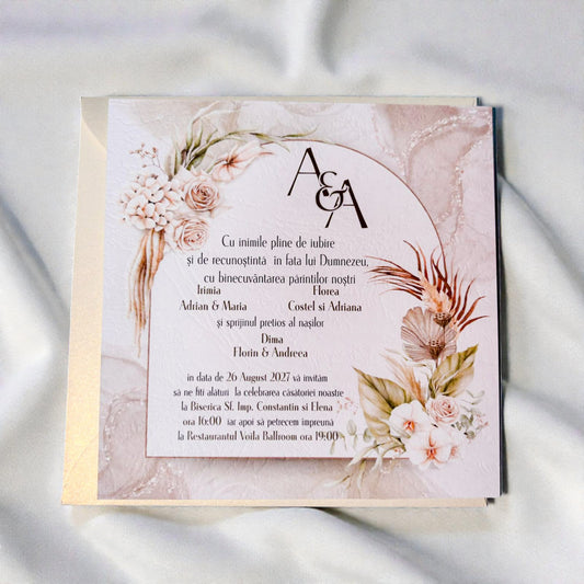 Invitație nuntă elegantă crem florală cu design romantic premium