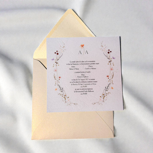 Invitație nuntă florală elegantă crem cu design delicat minimalist