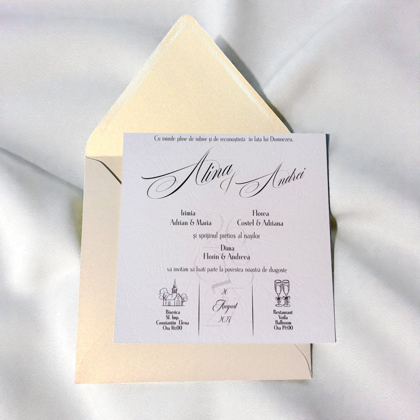 Invitație nuntă elegantă crem cu scris caligrafic și design minimalist