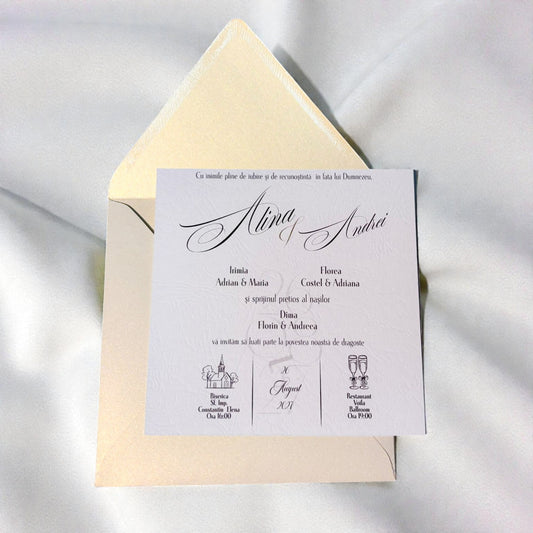 Invitație nuntă elegantă crem cu scris caligrafic și design minimalist