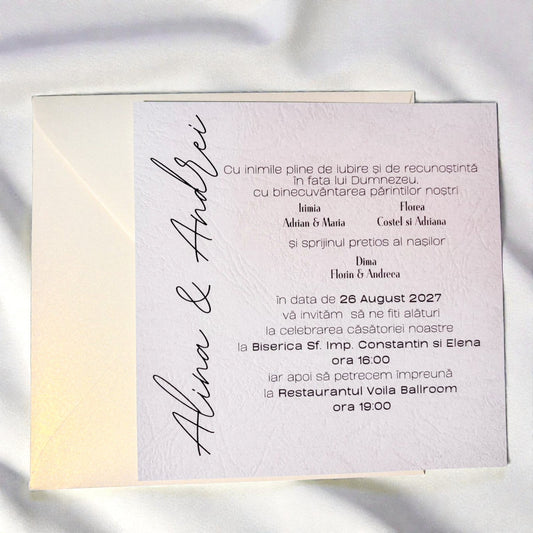 Invitație nuntă modernă crem cu design minimalist și text elegant