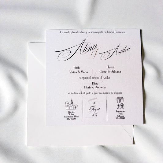 Invitație nuntă elegantă crem cu scris caligrafic și design clasic