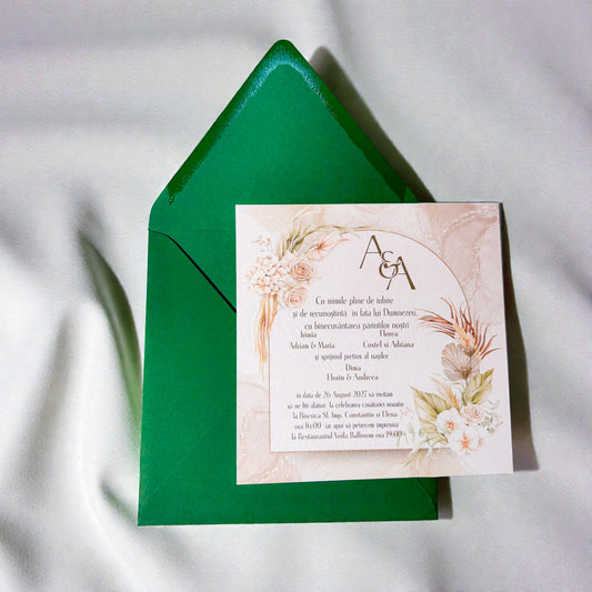 Invitație nuntă elegantă boho cu flori delicate și plic verde smarald