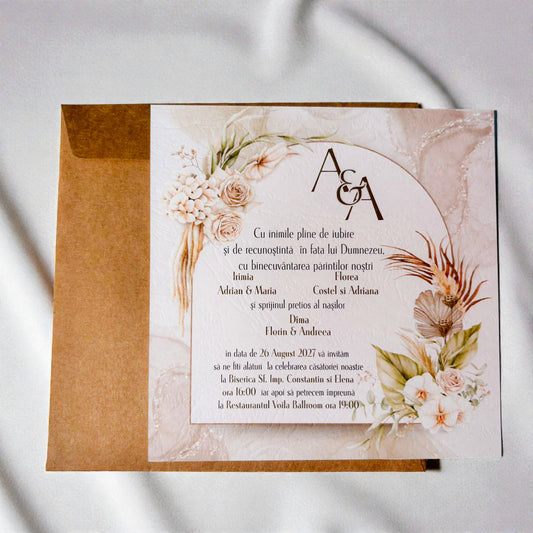 Invitație nuntă boho elegantă cu flori naturale și plic kraft