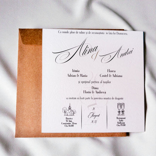 Invitație nuntă elegantă minimalistă cu font caligrafic și plic kraft