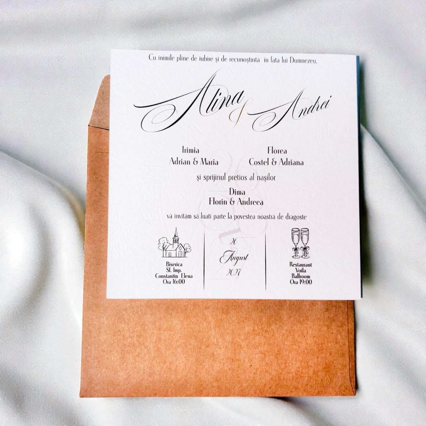 Invitație nuntă elegantă minimalistă cu font caligrafic și plic kraft
