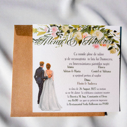 Invitație nuntă romantică cu ilustrație cuplu și flori elegante