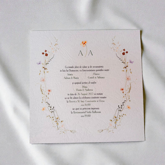 Invitație nuntă minimalistă cu coroniță florală delicată