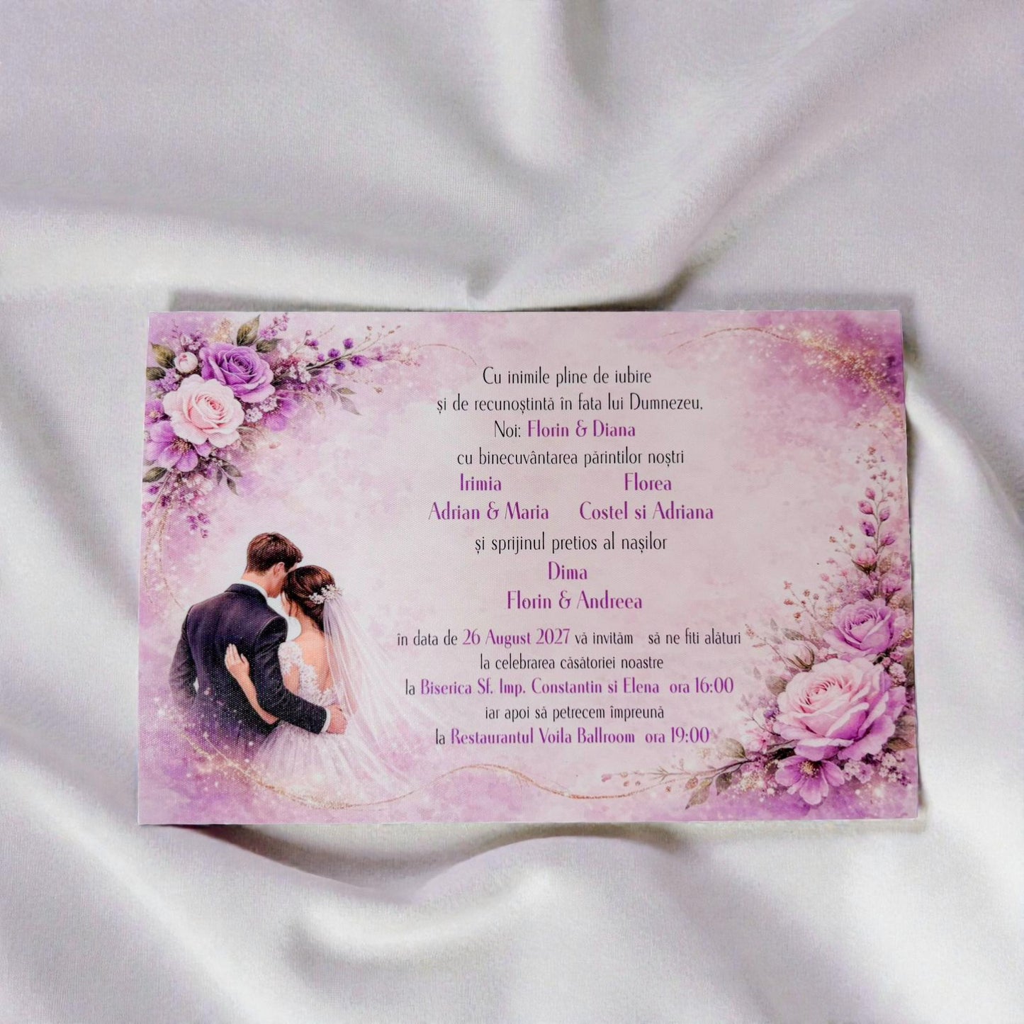 Invitație nuntă florală mov romantică cu plic colorat – format 10x15 cm