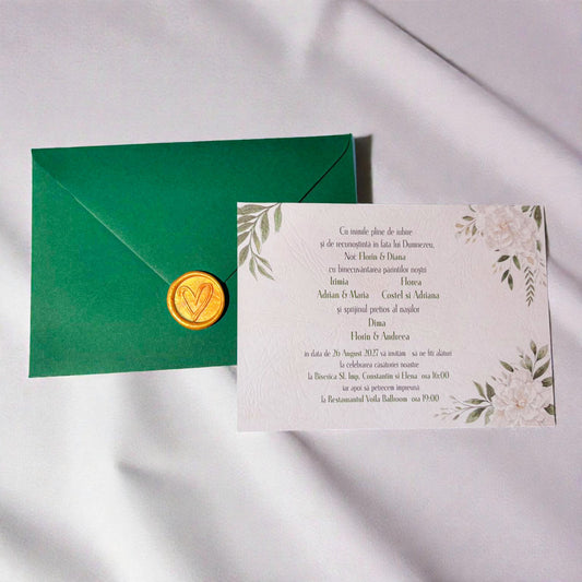 Invitație nuntă florală elegantă cu sigiliu de ceară și plic verde