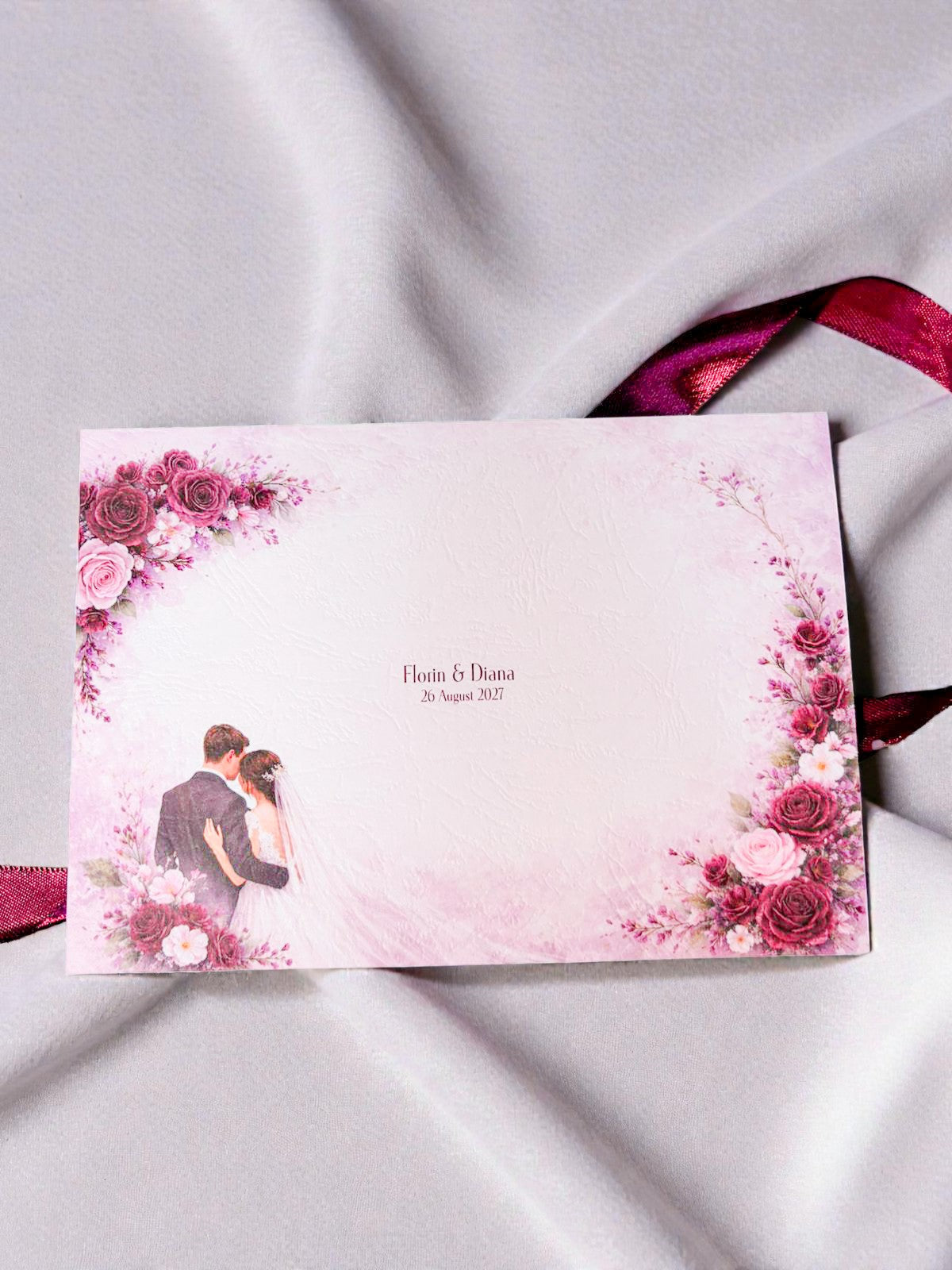 Invitație nuntă tip rolă florală romantică cu panglică satinată
