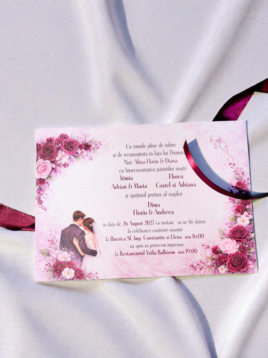 Invitație nuntă tip rolă florală romantică cu panglică satinată