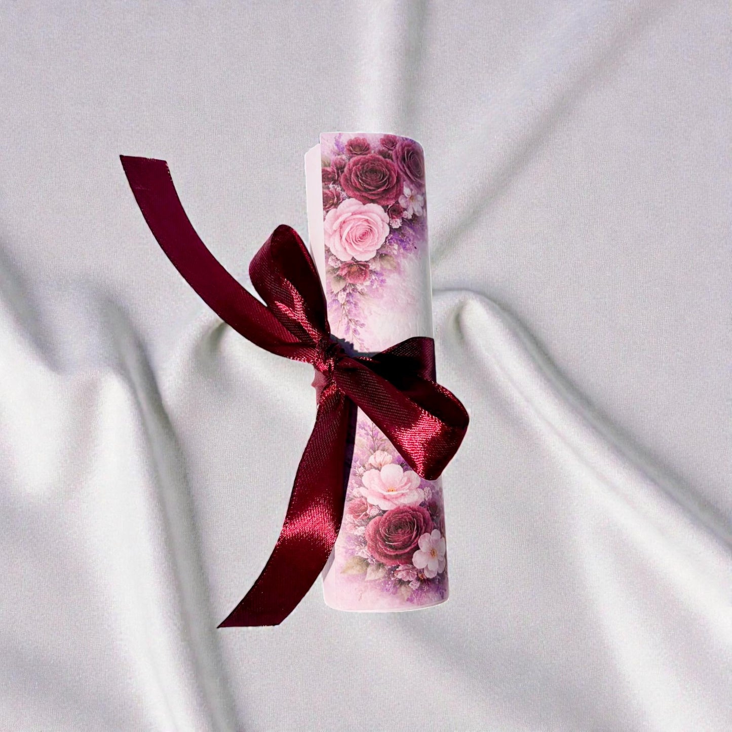 Invitație nuntă tip rolă florală romantică cu panglică satinată