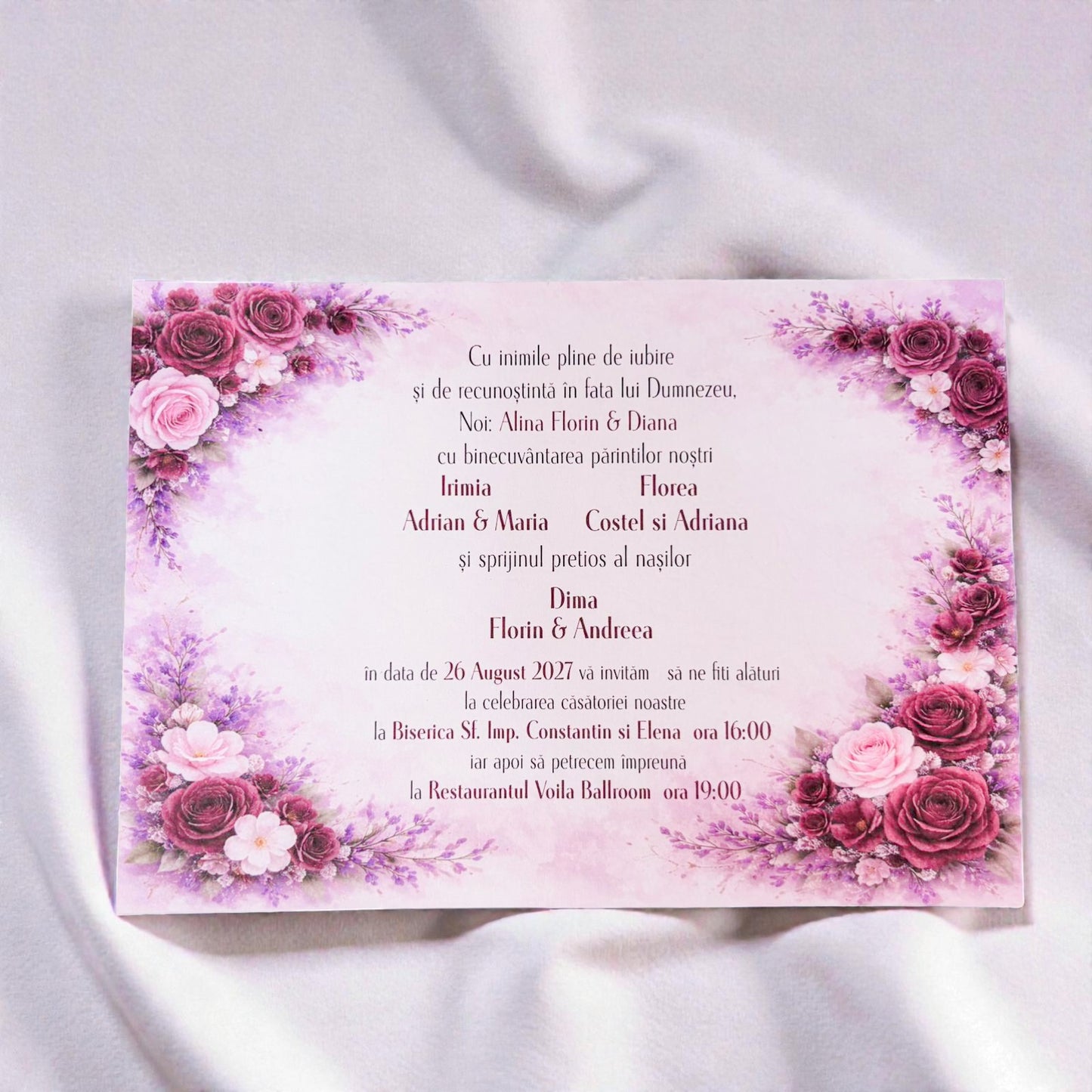 Invitație nuntă tip rolă florală romantică în nuanțe de roz
